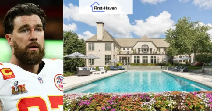 Travis Kelce House featuring the NFL star in his Chiefs uniform beside his luxurious Kansas City mansion with a large pool and elegant outdoor area.