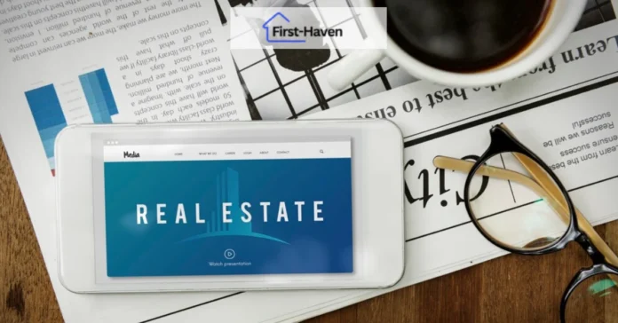 Smartphone displaying Invest1Now.com Real Estate presentation webpage alongside coffee, reading glasses, and financial newspaper on wooden desk with First-Haven logo visible.