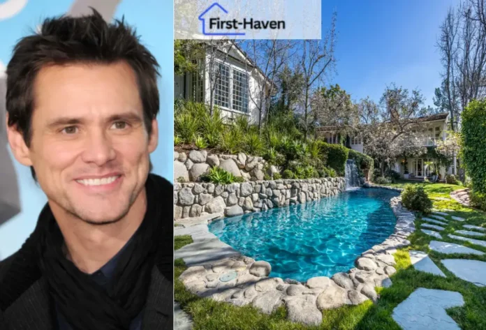 Jim Carrey House: Aerial view of $19.75 million Brentwood mansion with pool and tennis court.