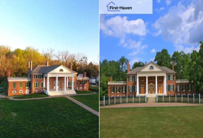 A view of James Madison House (Montpelier), showcasing its historic architecture surrounded by lush greenery.