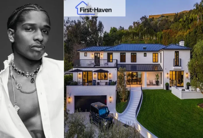 A$AP Rocky House luxurious white modern mansion in Beverly Hills featuring a three-story design with blue metal roof and curved driveway