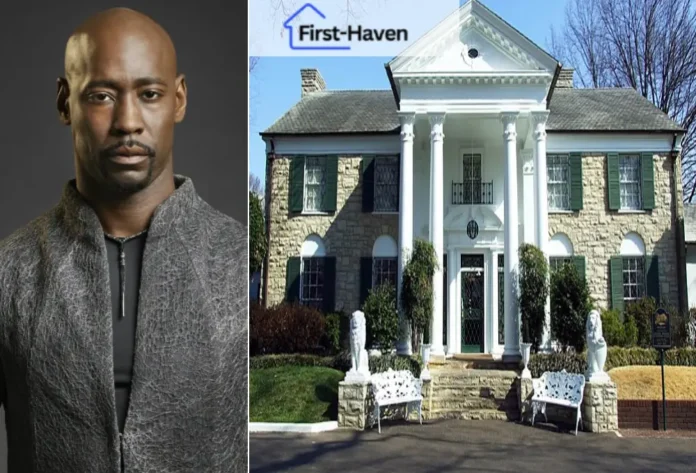 A stone mansion with large white pillars and a portrait of a Albert Ezerzer House