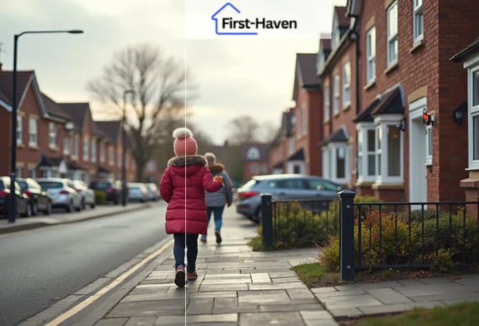 A child in a red coat walking along a residential street lined with modern brick House Price Index on a cloudy day.