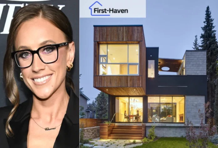 Kat Timpf House smiling in glasses next to a modern, two-story house with large windows and wooden accents under the First-Haven logo.