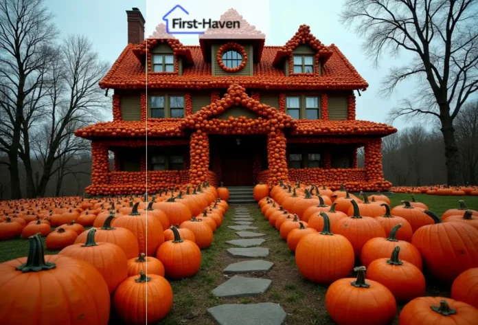 Kenova's Pumpkin House: A whimsical home covered in pumpkins, perfect for autumn inspiration.