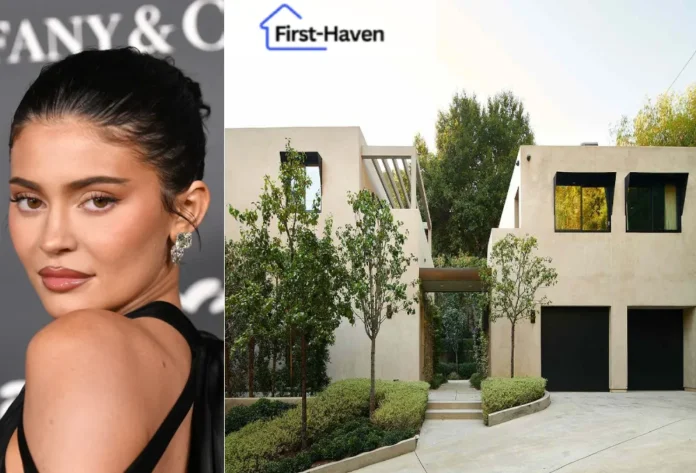 Modern luxury mansion with cream exterior of Kylie Jenner House and, featuring contemporary architecture, landscaped gardens, and sleek design elements