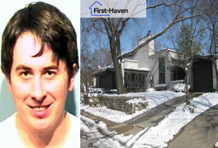 A portrait of a man alongside a snow-covered residential house surrounded by trees, showcasing the Nate Norman House.