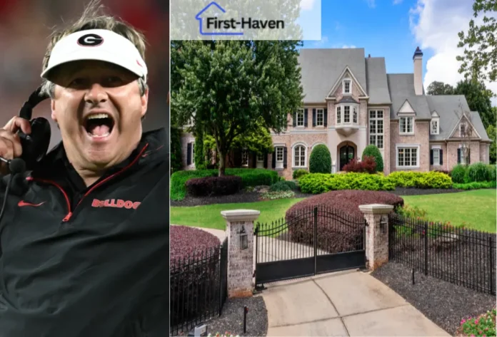 Elegant brick mansion with manicured landscaping and gated driveway, showcasing Kirby Smart's luxurious Athens Kirby Smart House.