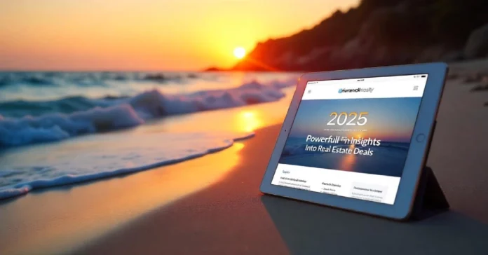 Tablet on a beach at sunset displaying Homerocketrealtyy.com’s 2025 real estate insights, highlighting expert tips and trends for property buyers.