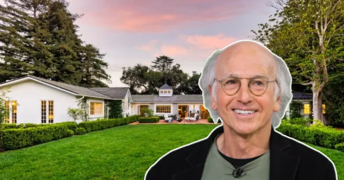 Front view of the Larry David House showcasing its classic architecture and lush landscaping, reflecting the celebrity’s iconic style and personality.