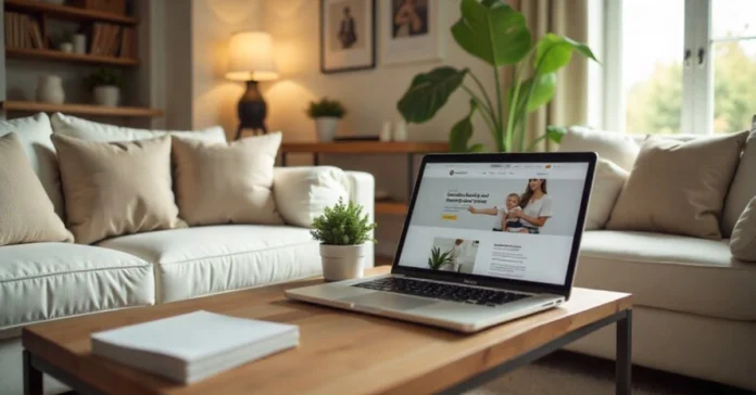 DecoratorAdvice.com website displayed on laptop in beautifully decorated living room with home decor inspiration
