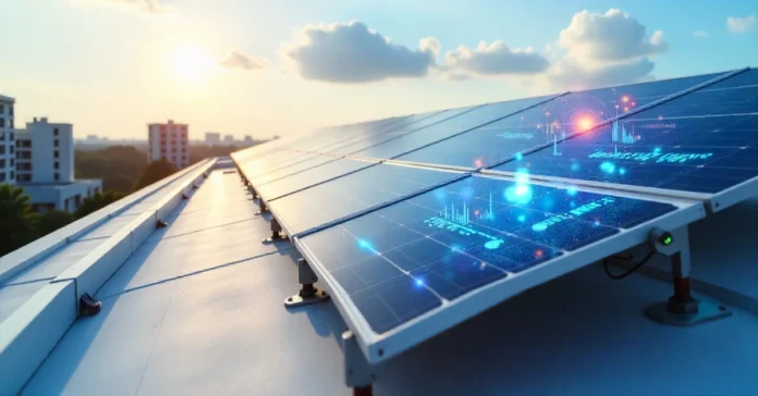 HMS Photovoltaic smart solar panels with microinverters and real-time monitoring system on a modern rooftop