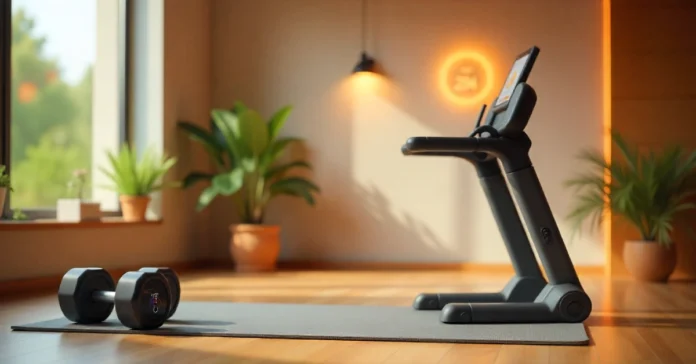 Smart home gym equipment with environmental sensors showing temperature and humidity for fitnara meteorology fitness tracking