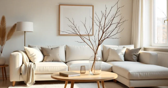 Pyntekvister decorative branches arranged in glass vases on modern coffee table in Scandinavian living room with white walls