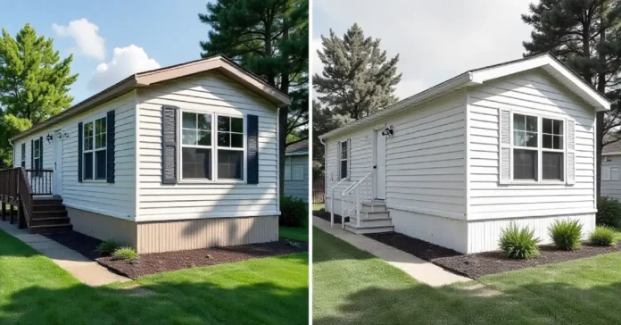 Mobile home exterior transformation using https mobilehomeexteriors com products showing siding and roofing upgrades