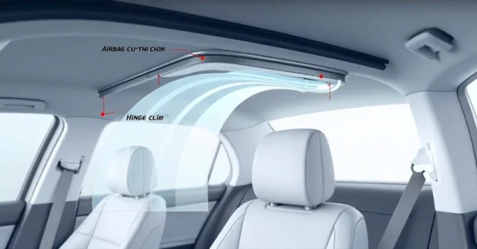 Close-up view of a car’s Airbag Curtain Hinge Clip securing the side curtain airbag safely in place.