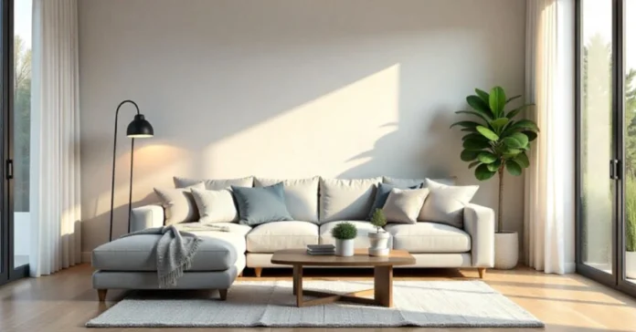 Contemporary comfort mipimprov living room with neutral tones, natural light, and cozy modern furniture design