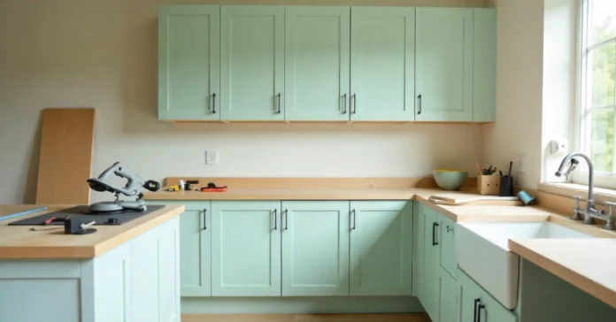 DIY Shaker cabinet doors being assembled with clamps on a workbench – showing stiles, rails, and floating center panel with wood glue and pocket hole joinery