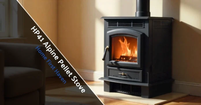 HP41 Alpine pellet stove with 52 lb hopper heating living room showing remote control and removable ash pan