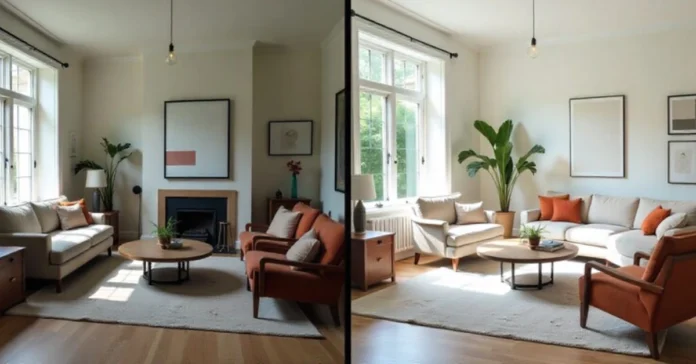 Home upgrading advice Mintpalment showing modern living room before and after transformation with budget upgrades