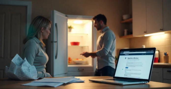 Homeowner checking HomeAssure Admin reviews online after refrigerator breakdown in modern kitchen.