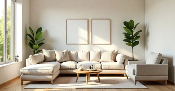 Transform your home with Interior Decoration Tips MintPalDecor: cozy, stylish living room with neutral tones and green pops.
