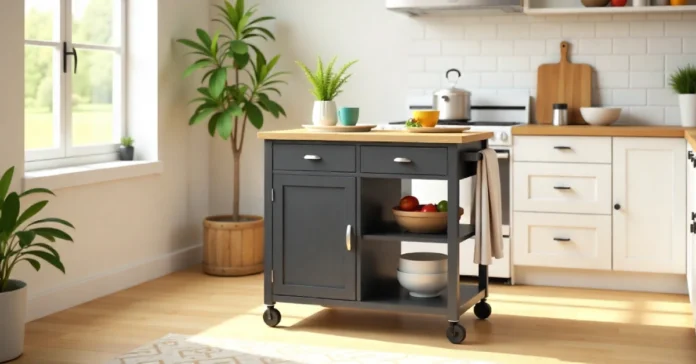 Latitude Run Rolling Kitchen Island with wood top and black frame in a modern, well-lit kitchen.