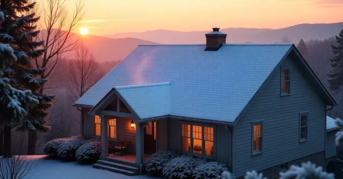 Close-up of a residential roof covered in thick frost and ice on a cold North Carolina winter morning