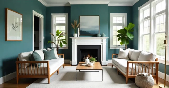 Modern living room with Sherwin Williams Moody Blue walls, warm lighting, white trim, and gold decor accents.