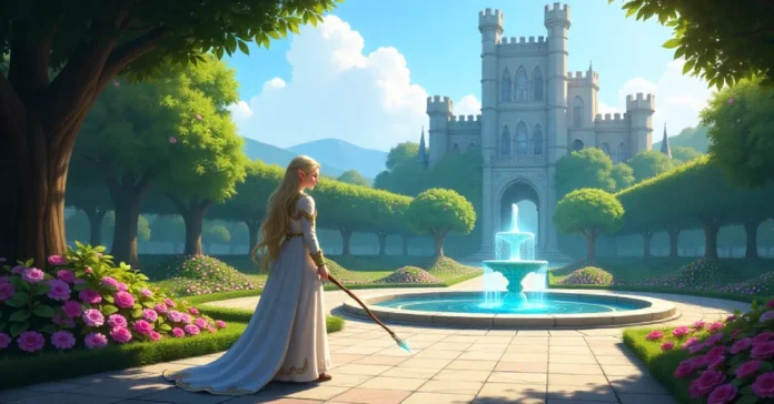 Eirawen standing in the Castle Garden near Tara Castle in Mabinogi, waiting for players to talk and start the quest.