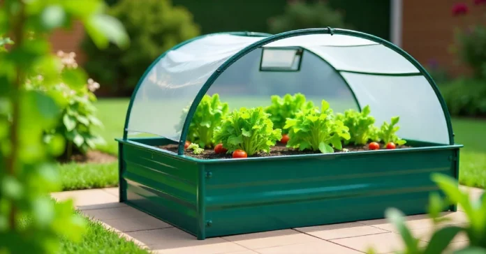 Timberlake Raised Garden Bed With Green House In Green featuring galvanized steel frame and clear greenhouse cover.