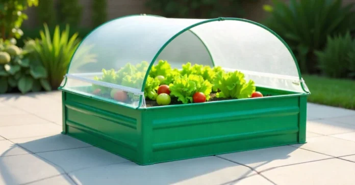 Timberlake Raised Garden Greenhouse with green steel frame and clear cover growing vegetables on outdoor patio