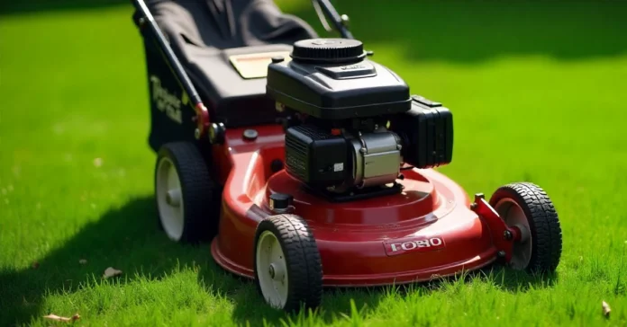 Toro Lawn Mower Model 22171 cutting grass with Kawasaki engine and cast aluminum deck in a green backyard.