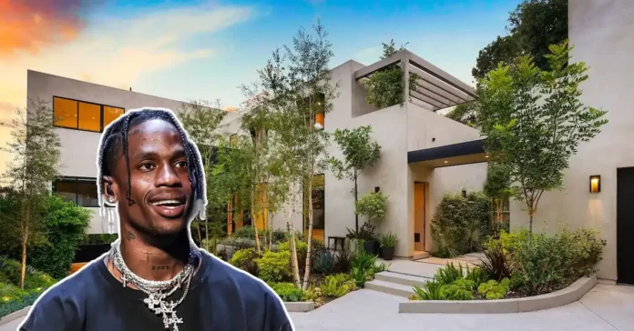Travis Scott house exterior with 75-foot infinity pool overlooking Los Angeles skyline