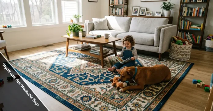 Wyatt and Ash washable rug in a bright family living room with a dog nearby