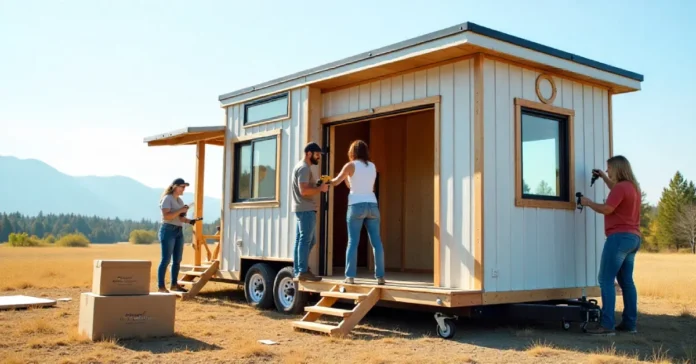 People assembling a steel-frame dzzyg Tiny Home Kit outdoors, creating a compact modern living space.
