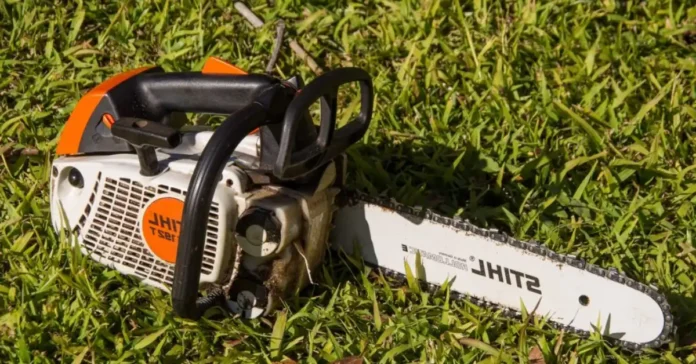 Stihl MS390 chainsaw gas leak diagnosis showing fuel line, grommet, and carburetor areas where fuel drips occur during tilt
