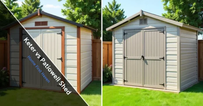 Keter vs Patiowell Shed comparison showing two resin storage sheds in backyard settings with different designs and construction styles