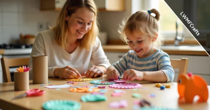 Parent and child creating LWMFCrafts DIY projects together using recycled materials and household items at kitchen table