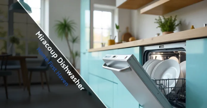 Modern kitchen showing the Miracoup Dishwasher with clean dishes, sleek design, and advanced quiet-cleaning technology.
