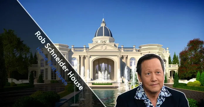 Front view of Rob Schneider House featuring modern design and lush greenery.