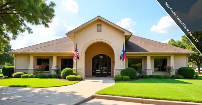 Rose Garden Funeral Home building in Zapata TX with landscaped entrance and parking area
