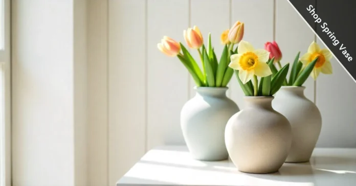 Spring vase collection with fresh flowers on white table showing glass and ceramic vases for home decor