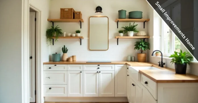 Modern kitchen showing small home improvements including black cabinet hardware, fresh paint, and pendant lighting fixtures