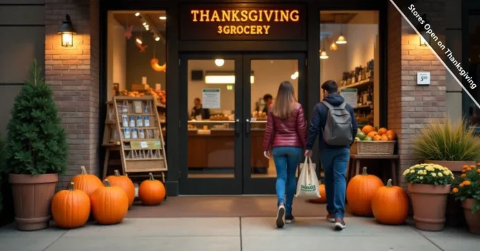 Grocery store entrance with shoppers entering to find stores open on Thanksgiving 2025 with modified holiday hours