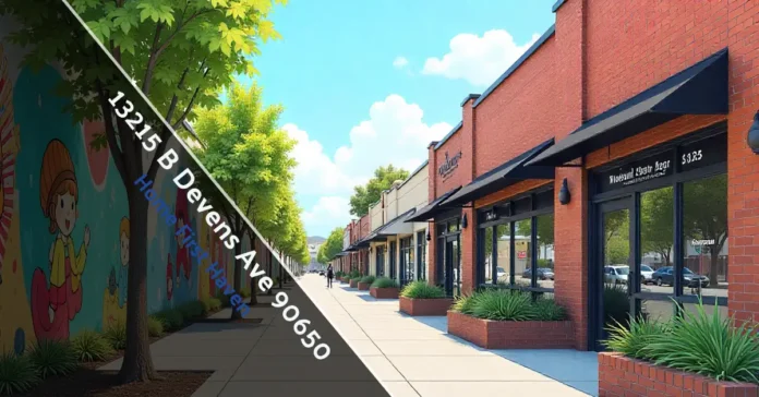 Street view and local surroundings of 13215 B Devens Ave 90650, showing shops and greenery.