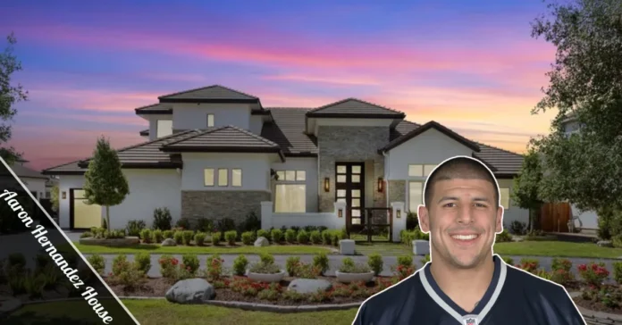Aaron Hernandez house front view colonial mansion North Attleborough Massachusetts with brick facade columned entrance