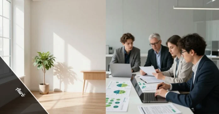 Split image showing Aurö dual meaning with minimalist Nordic wellness interior and academic environmental economics research workshop