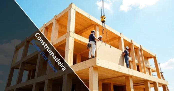 Construmadeira CLT panels installation on modern Portuguese building site with construction workers and crane lifting