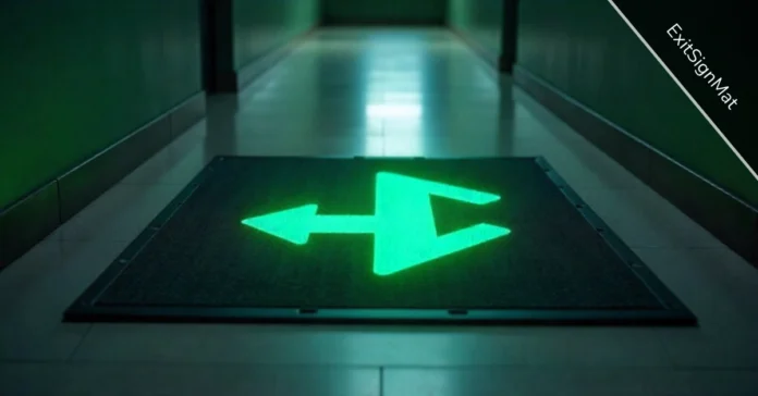 ExitSignMat floor mats with glowing green exit symbol and arrow on commercial corridor floor